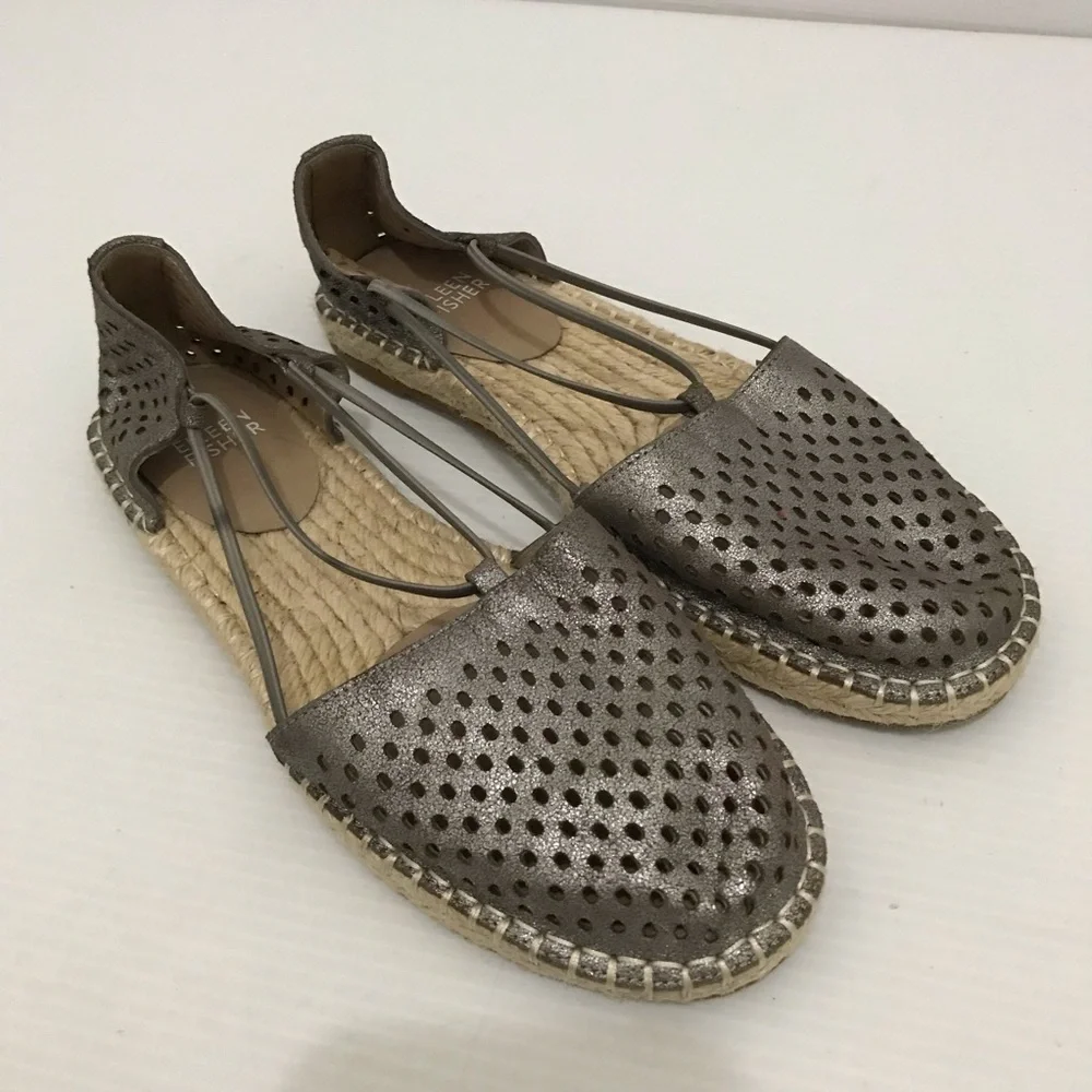 Eileen Fisher Lee 2 Taupe Leather Espadrille Flat Sandals Size 6